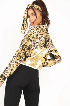 Rebellious Fashion Black Scarf Print Cropped Tie Front Shirt - Kaly