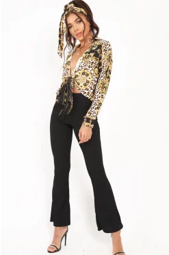 Rebellious Fashion Black Scarf Print Cropped Tie Front Shirt - Kaly