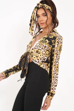 Rebellious Fashion Black Scarf Print Cropped Tie Front Shirt - Kaly