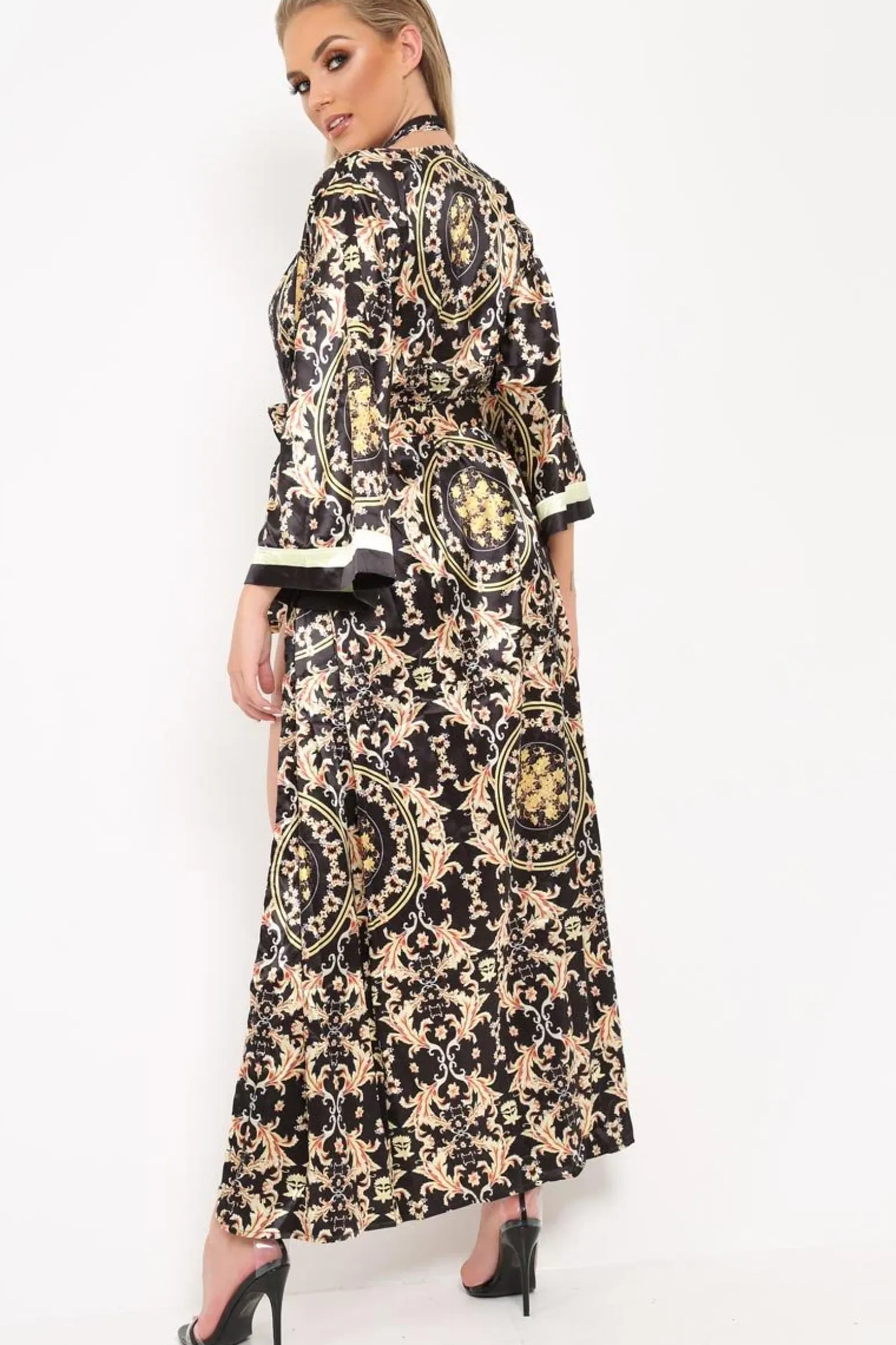 Rebellious Fashion Black Scarf Print Kimono And Bodysuit Co-Ord -Heavenlee