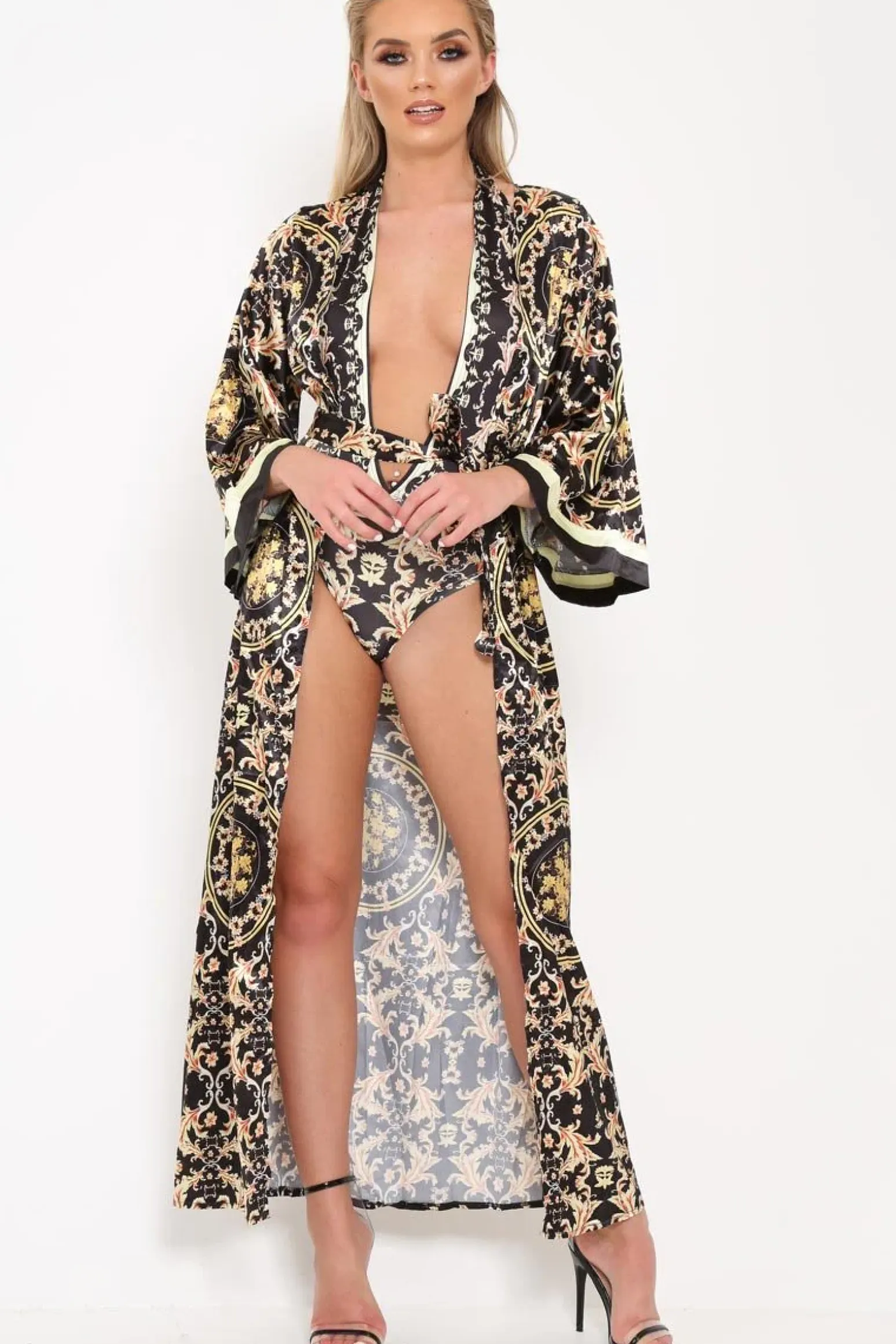 Rebellious Fashion Black Scarf Print Kimono And Bodysuit Co-Ord -Heavenlee