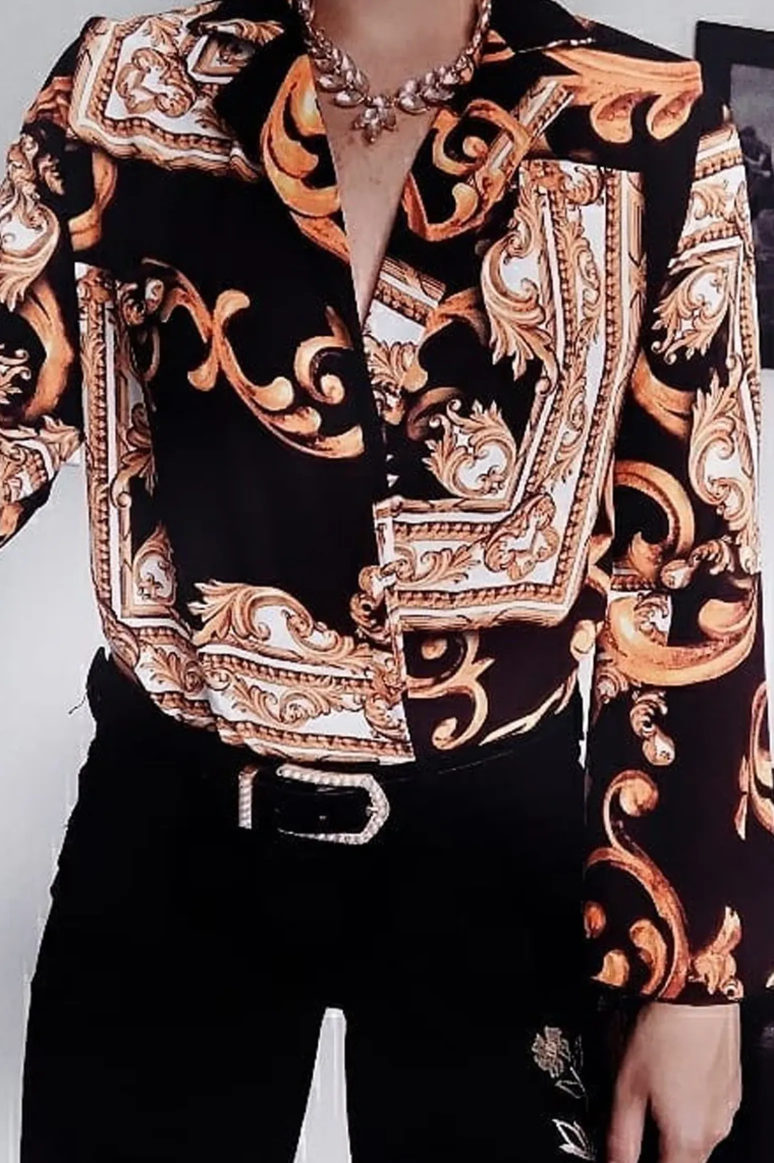 Rebellious Fashion Black Scarf Print Plunge Bodysuit - Cindy-Lou