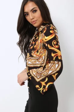 Rebellious Fashion Black Scarf Print Plunge Bodysuit - Cindy-Lou