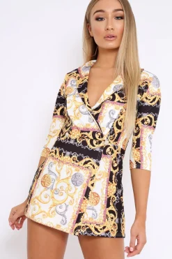 Rebellious Fashion Black Scarf Print Plunge Playsuit - Maretta