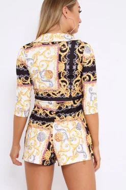 Rebellious Fashion Black Scarf Print Plunge Playsuit - Maretta