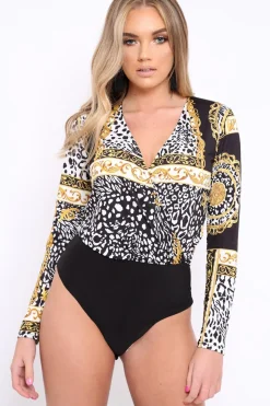 Rebellious Fashion Black Scarf Print Wrap Bodysuit - Yazmin