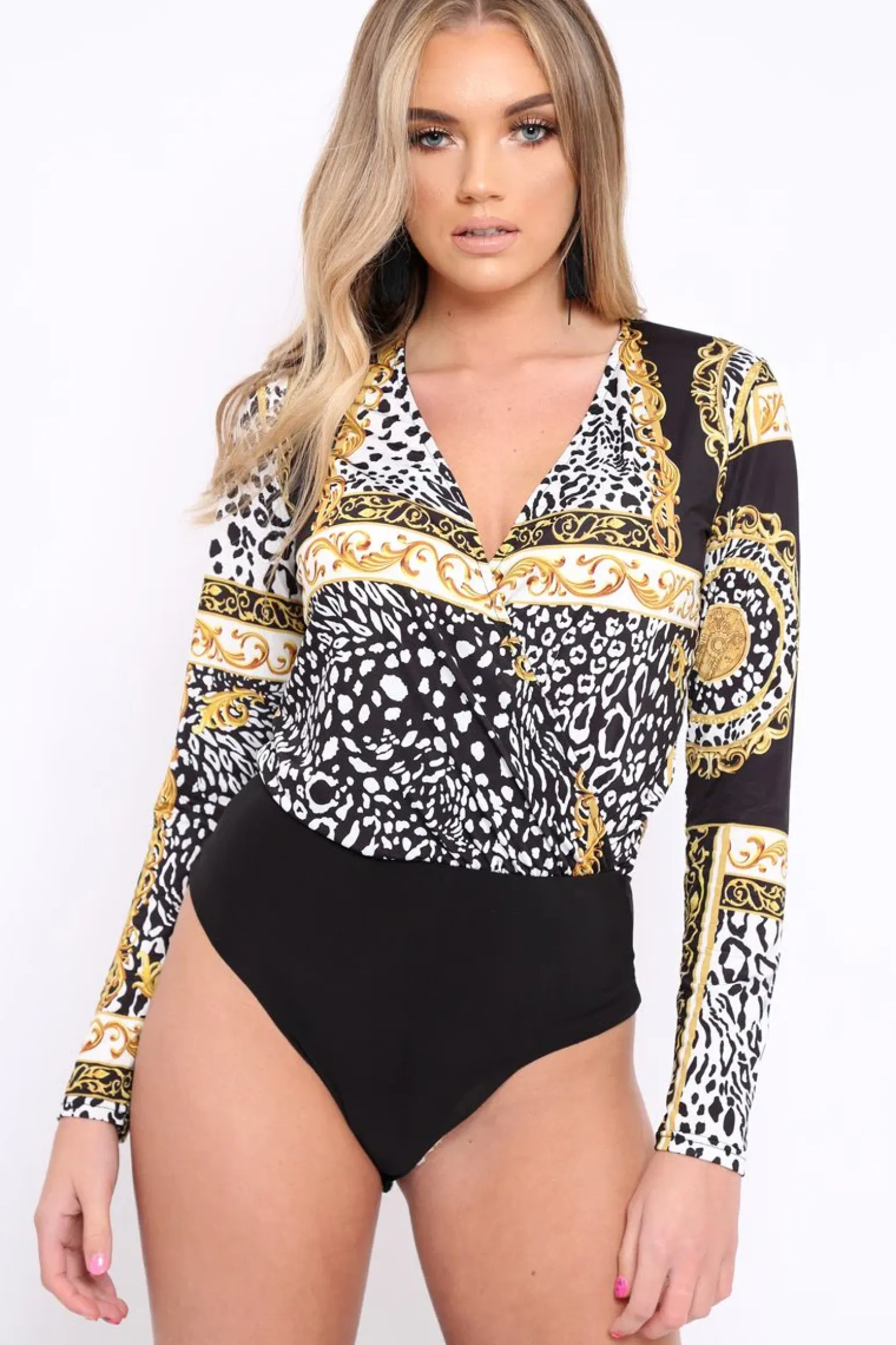 Rebellious Fashion Black Scarf Print Wrap Bodysuit - Yazmin