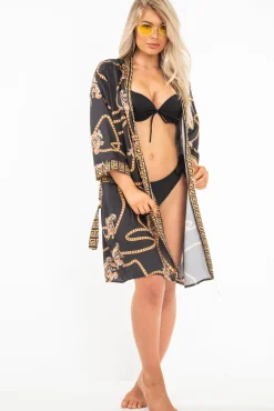Rebellious Fashion Black Scarf Print Wrap Tie Front Kimono - Aubrey