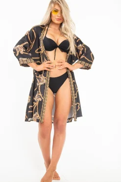 Rebellious Fashion Black Scarf Print Wrap Tie Front Kimono - Aubrey