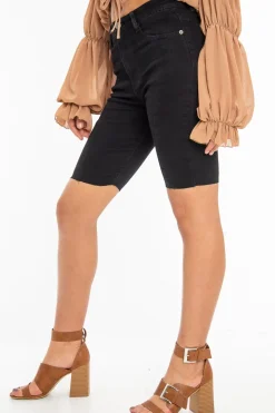 Rebellious Fashion Black Seam Front Raw Hem Denim Cycle Shorts - Kayli