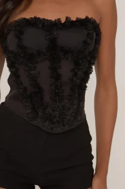 Rebellious Fashion Black Semi Sheer Ruffle Corset Top - Aniyah