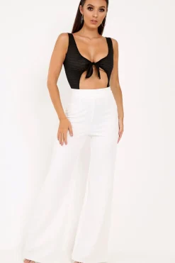 Rebellious Fashion Black Semi-Sheer Stripe Cut Out Bodysuit - Roslin