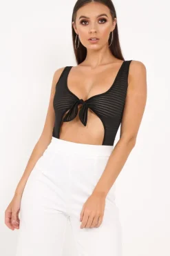 Rebellious Fashion Black Semi-Sheer Stripe Cut Out Bodysuit - Roslin
