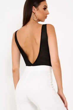Rebellious Fashion Black Semi-Sheer Stripe Cut Out Bodysuit - Roslin