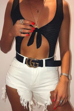 Rebellious Fashion Black Semi-Sheer Stripe Cut Out Bodysuit - Roslin