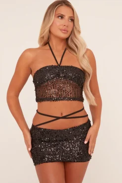 Rebellious Fashion Black Sequin Bandeau Crop Top & Mini Skirt Co-ord Set - Shiya