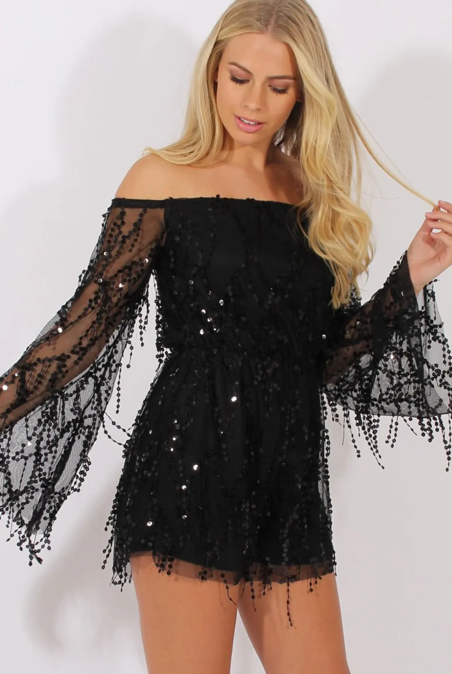 Rebellious Fashion Black Sequin Bardot Playsuit - Sadira