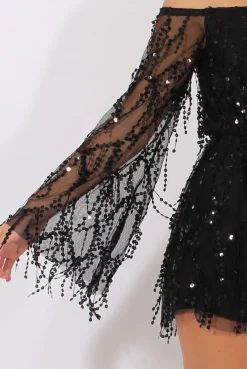 Rebellious Fashion Black Sequin Bardot Playsuit - Sadira