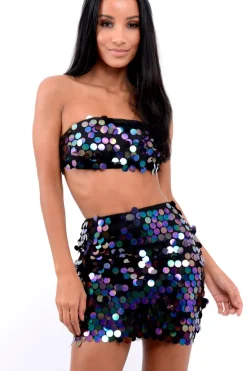 Rebellious Fashion Black Sequin Boob Tube and Skirt Co ord - Lilia