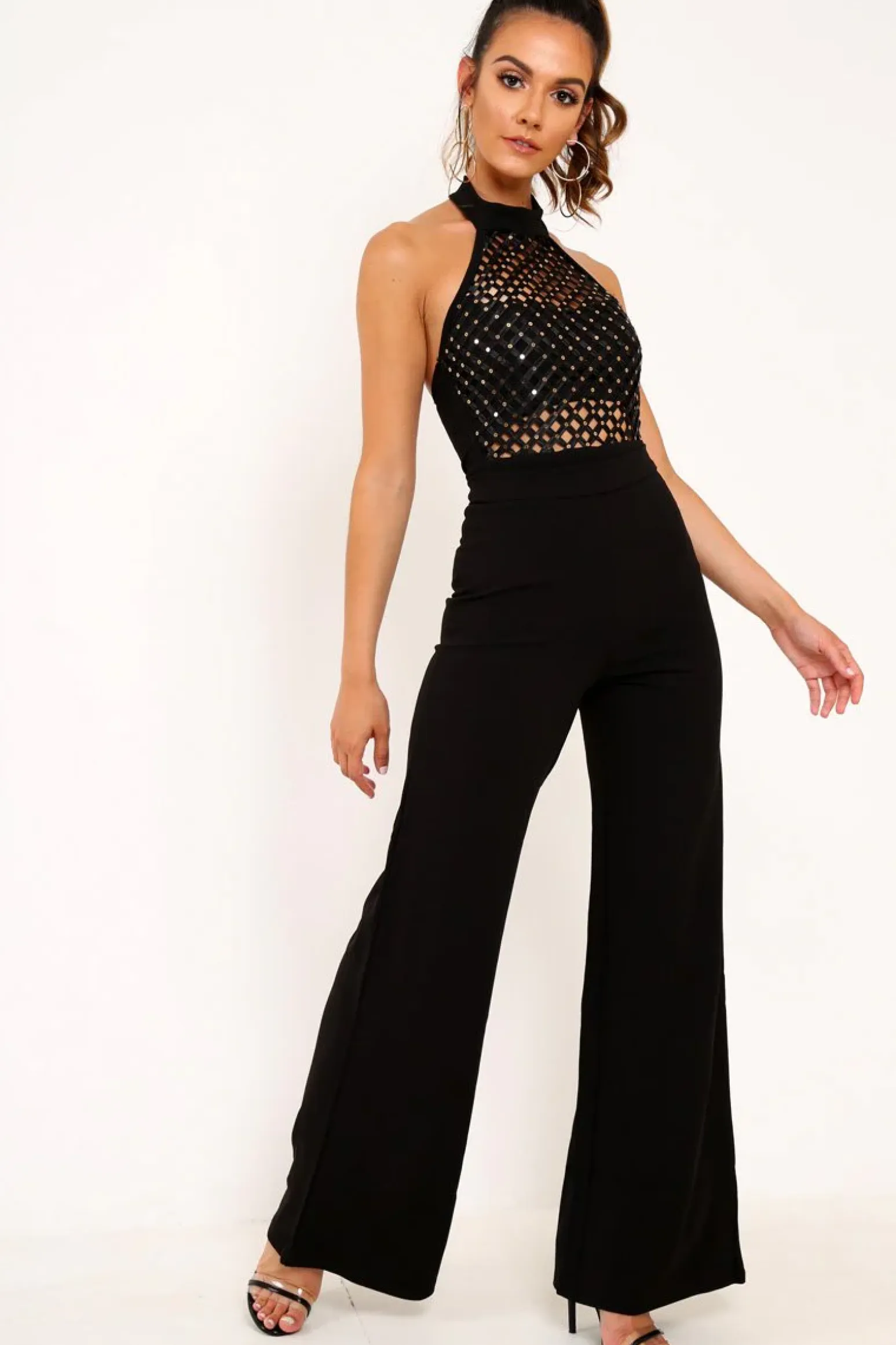 Rebellious Fashion Black Sequin Caged Halterneck Bodysuit - Aanvi