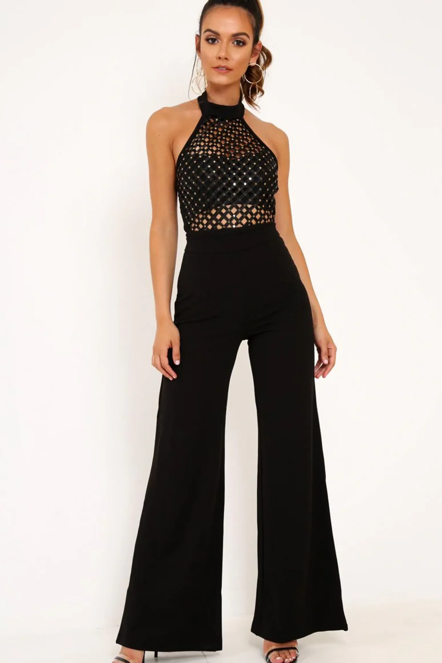 Rebellious Fashion Black Sequin Caged Halterneck Bodysuit - Aanvi