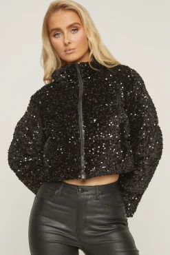 Rebellious Fashion Black Sequin Cropped Puffer Jacket - Jady
