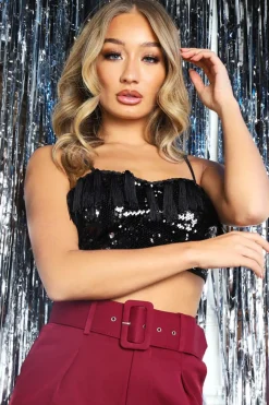 Rebellious Fashion Black Sequin Detail Tassel Front Plunge Bralet - Bethany