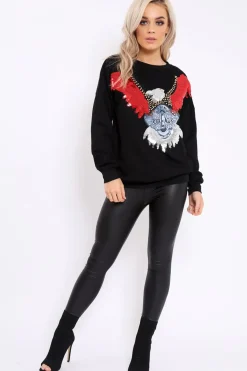 Rebellious Fashion Black Sequin Embellished Rock Eagle Slogan Sweatshirt - Zaria