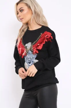 Rebellious Fashion Black Sequin Embellished Rock Eagle Slogan Sweatshirt - Zaria