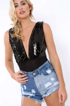 Rebellious Fashion Black Sequin Plunge Bodysuit - Carolyn