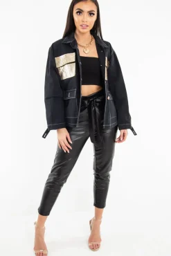 Rebellious Fashion Black Sequin Pocket Button Denim Jacket - Celeste
