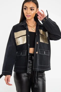 Rebellious Fashion Black Sequin Pocket Button Denim Jacket - Celeste