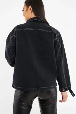 Rebellious Fashion Black Sequin Pocket Button Denim Jacket - Celeste