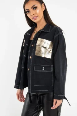 Rebellious Fashion Black Sequin Pocket Button Denim Jacket - Celeste