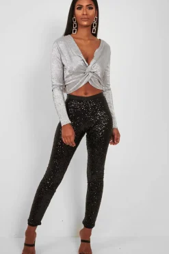 Rebellious Fashion Black Sequin Skinny Trousers - Indira