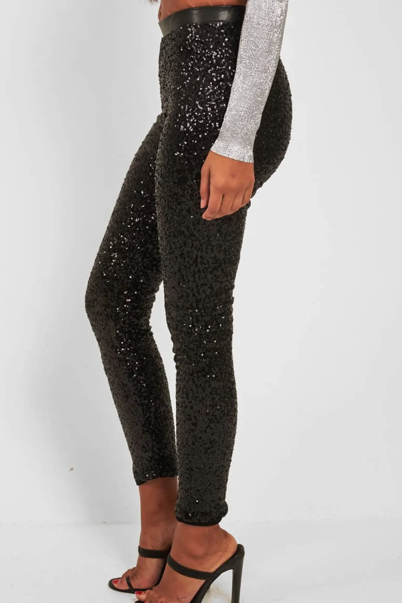 Rebellious Fashion Black Sequin Skinny Trousers - Indira