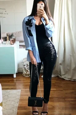 Rebellious Fashion Black Sequin Skinny Trousers - Indira