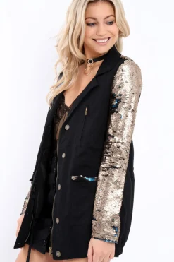 Rebellious Fashion Black Sequin Sleeves and Pockets Jacket - Dakota