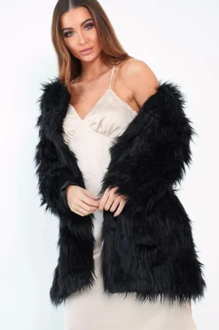 Rebellious Fashion Black Shaggy Faux Fur Coat - Evalina