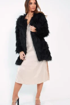 Rebellious Fashion Black Shaggy Faux Fur Coat - Evalina