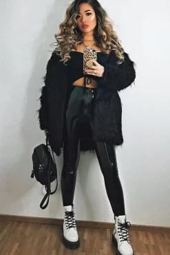 Rebellious Fashion Black Shaggy Faux Fur Coat - Evalina