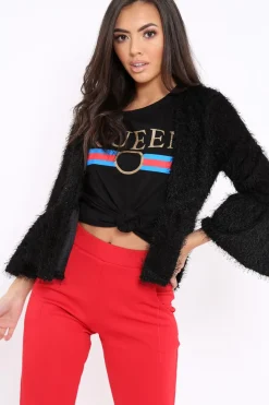 Rebellious Fashion Black Shaggy Peplum Cardigan - Trianna