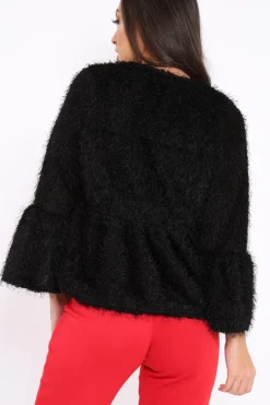 Rebellious Fashion Black Shaggy Peplum Cardigan - Trianna