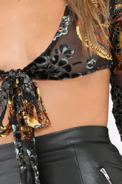 Rebellious Fashion Black Sheer and Velvet Floral Print Tie Crop Top - Heidey