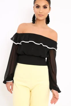 Rebellious Fashion Black Sheer Bardot Crop Top - Pia