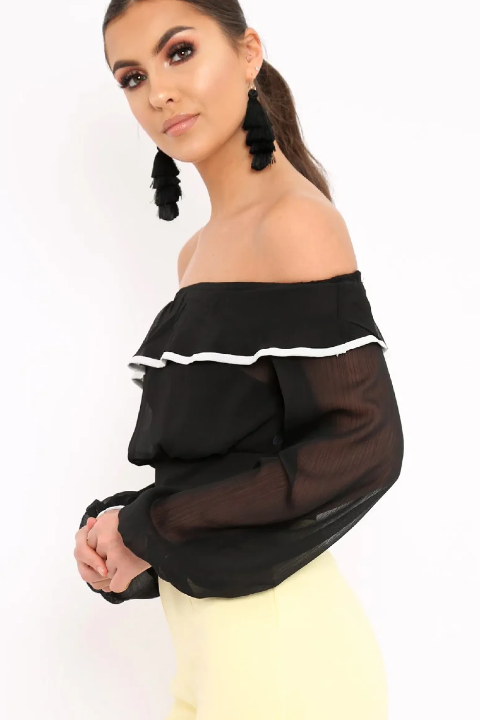 Rebellious Fashion Black Sheer Bardot Crop Top - Pia