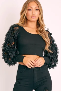 Rebellious Fashion Black Sheer Frill Sleeve Ribbed Crop Top - Nelly