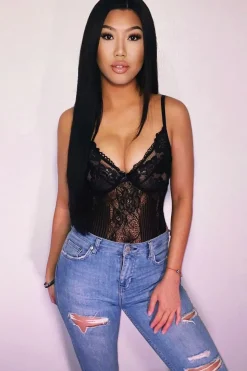 Rebellious Fashion Black Sheer Lace Bodysuit - Katia