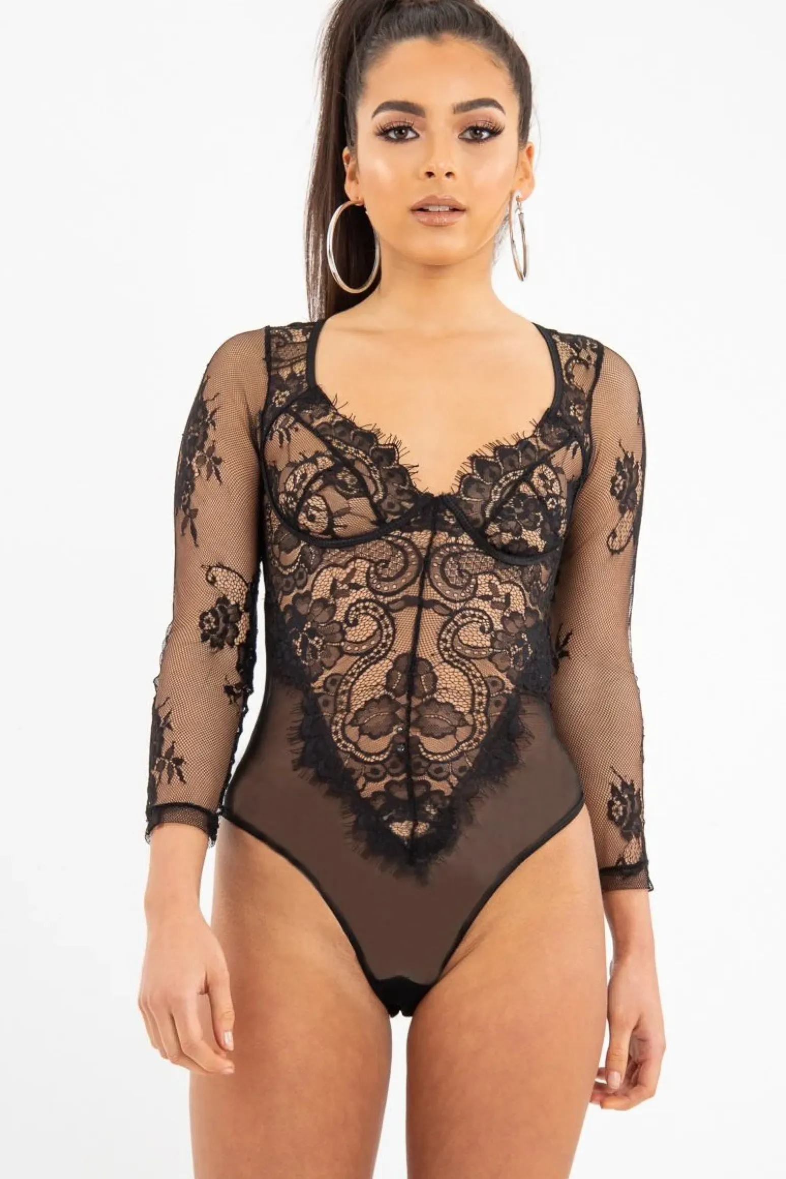Rebellious Fashion Black Sheer Lace Cup Long Sleeve Bodysuit - Izela