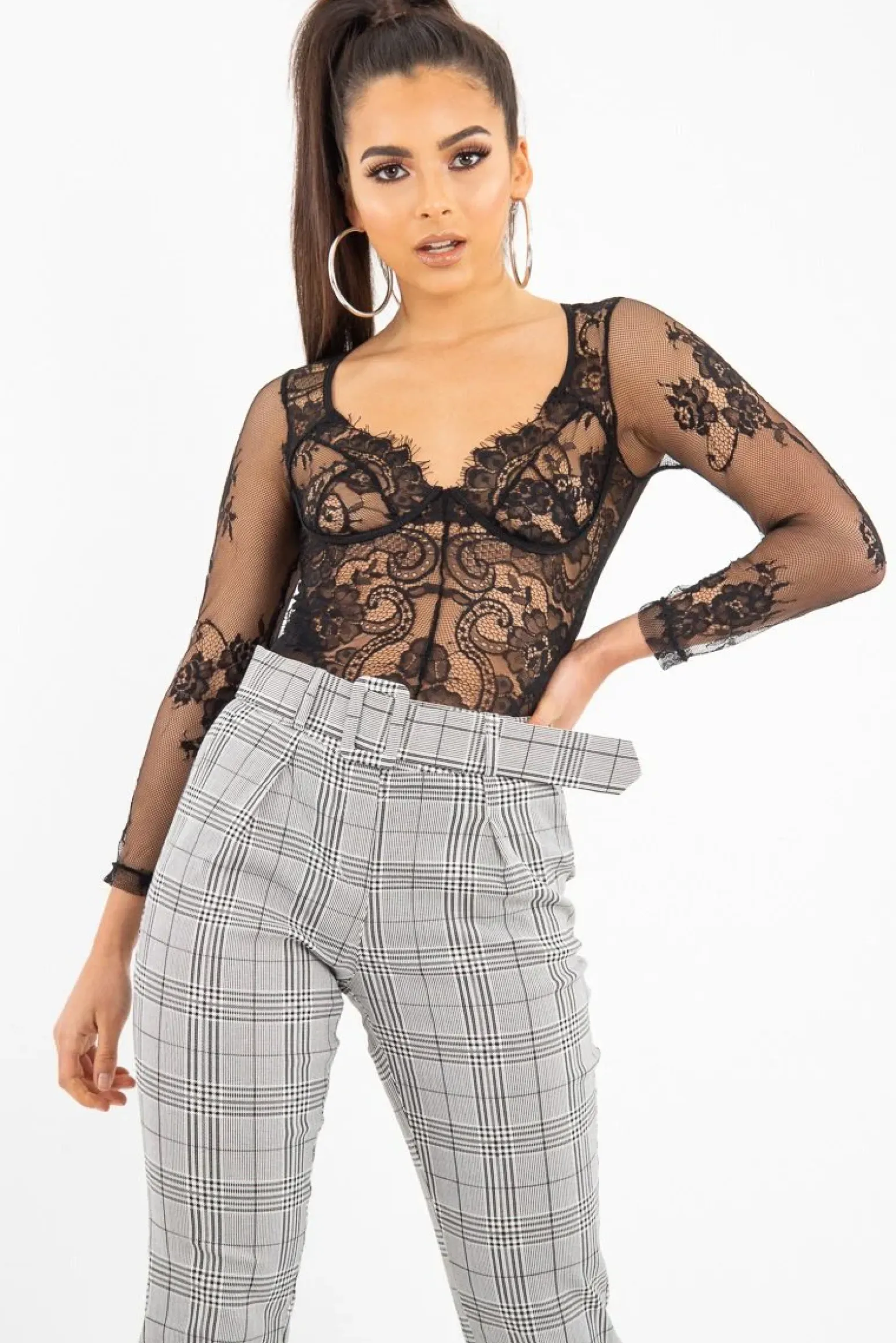Rebellious Fashion Black Sheer Lace Cup Long Sleeve Bodysuit - Izela